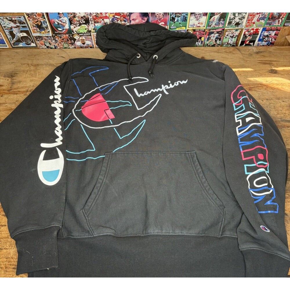 champion reverse weave hoodie Sweatshirt Graphic Print Spell Out Black Retro 90s